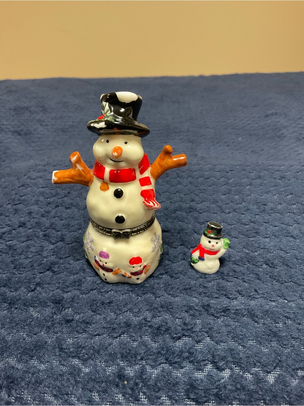 Vintage Snowman Hinged Trinket Box With Tiny Snowman Surprise Figurine.